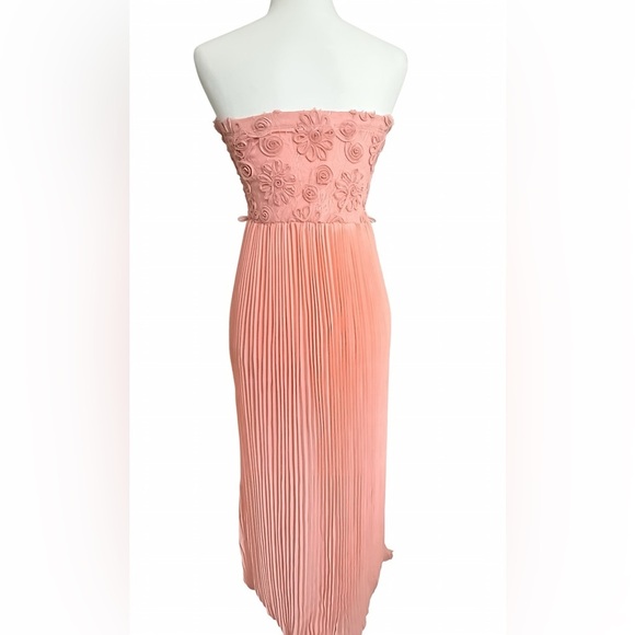 Papaya Strapless Peach Chiffon Maxi Dress M Lace Appliqué Bodice, Pleated Skirt - Picture 4 of 10